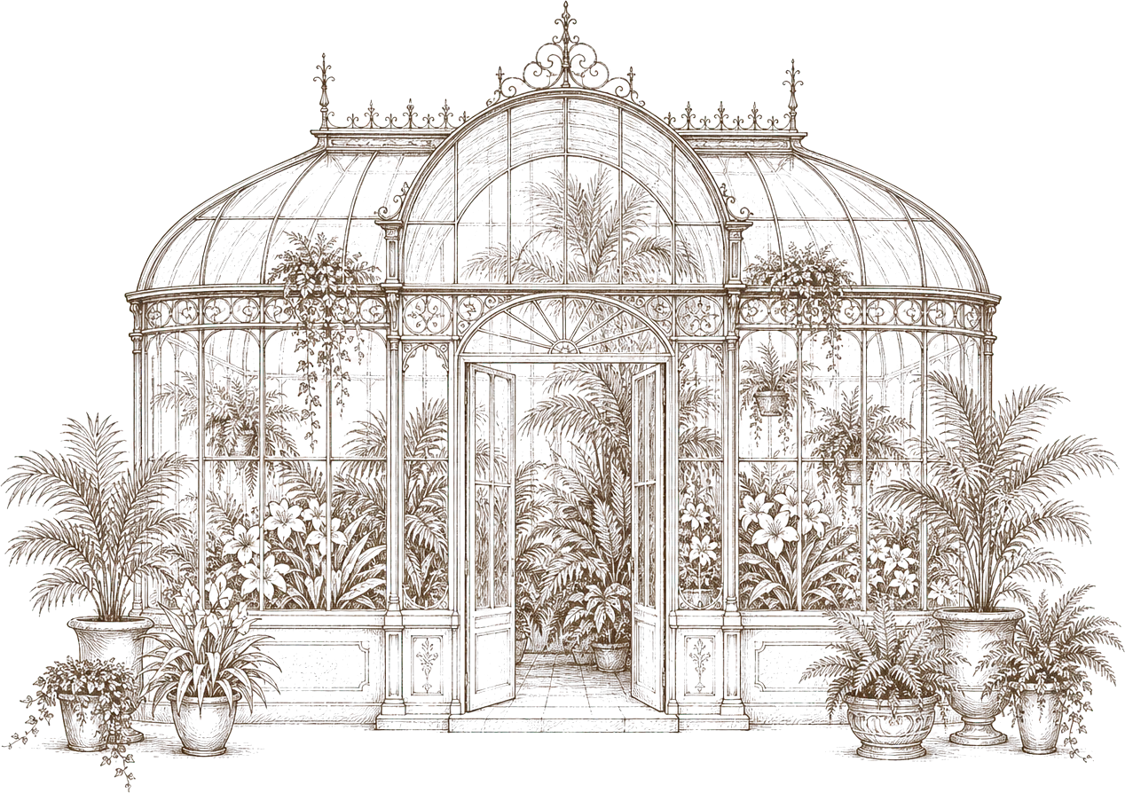 A glass conservatory filled with ferns, palms and lilies