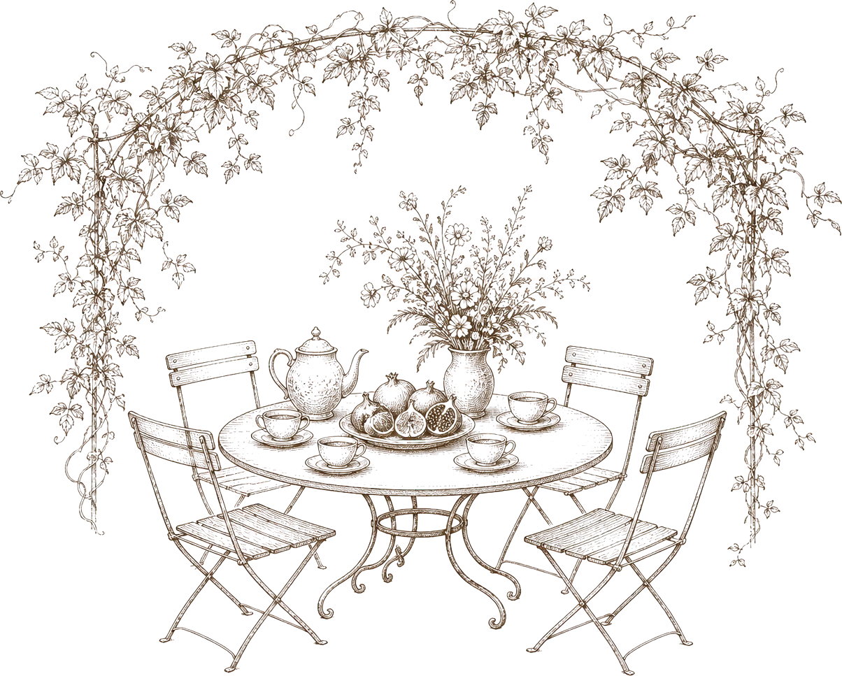 A round garden table laid for tea under a canopy of vines