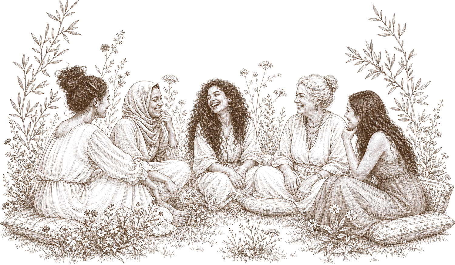 Five women of different ages sitting together in a circle among wildflowers, laughing and talking