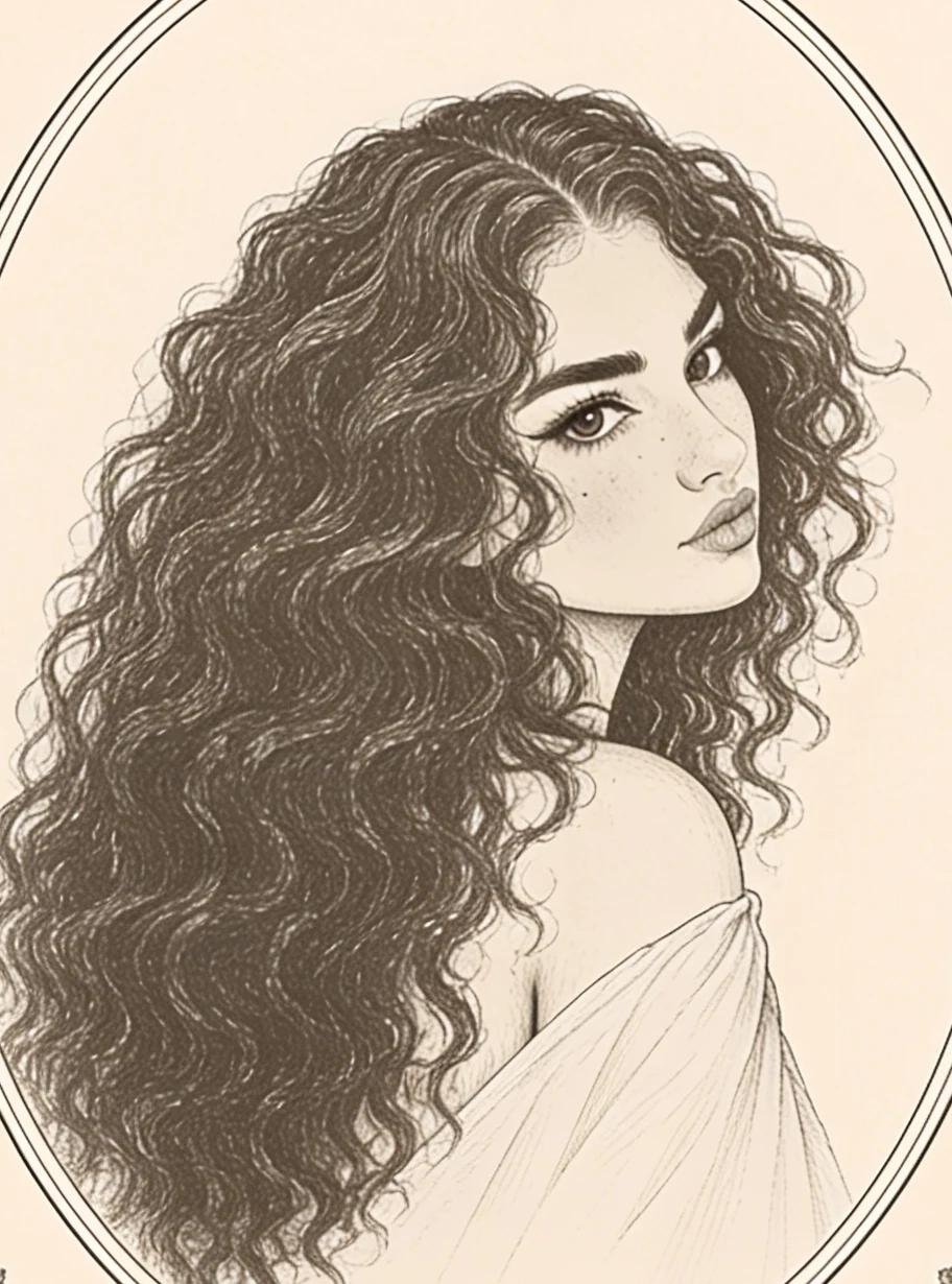 Pencil portrait of the fairy sister: long curling hair, glancing back over her bare shoulder