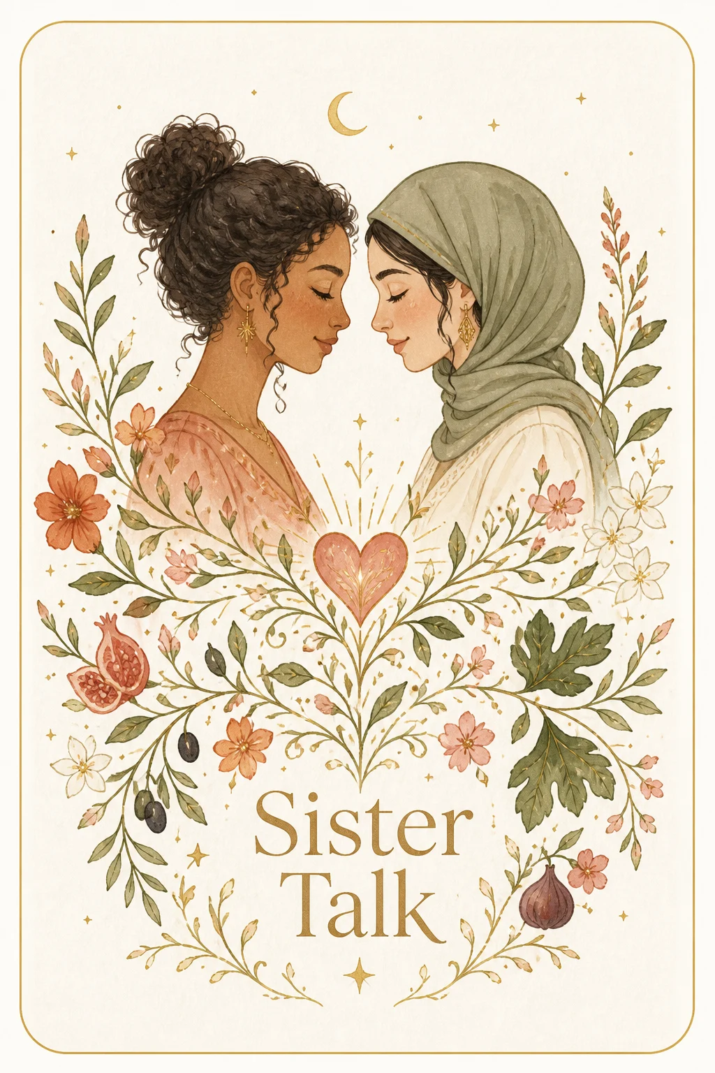 Two women with their foreheads almost touching, a heart blooming with olive, fig and pomegranate between them